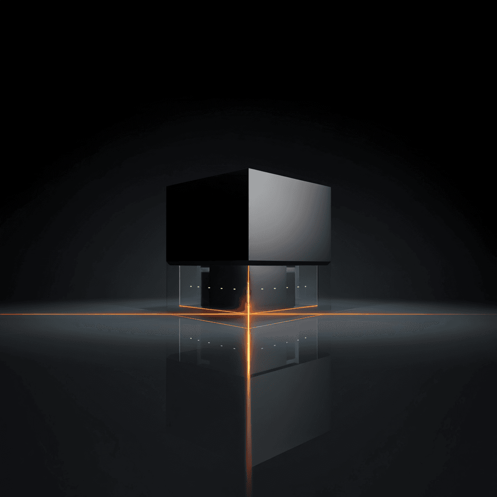 Supreme plan, a black cube on a glowing glass base
